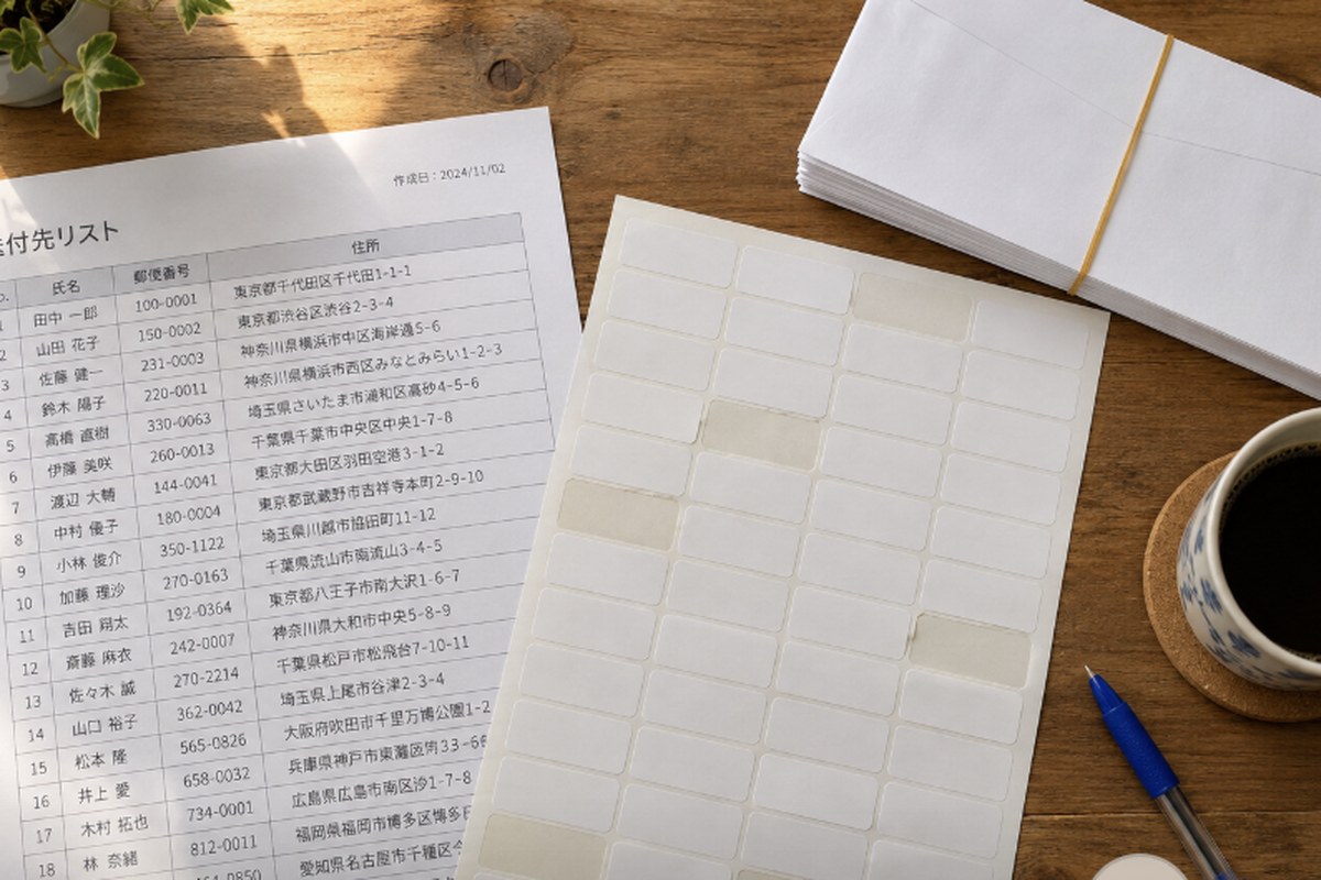 木目のデスクの上に、名前と住所が印刷された送付先リスト、一部が使用済みの宛名ラベル用紙、輪ゴムで束ねた白い封筒、青いボールペン、コーヒーが置かれている様子。