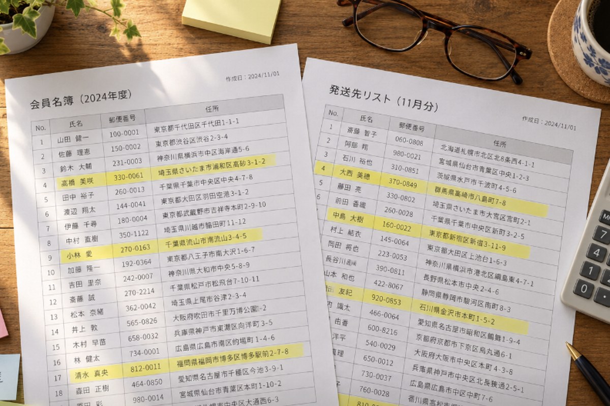 木目のデスクの上に、名前が印刷された2枚の名簿の紙が少しずらして重ねて置かれ、黄色い蛍光ペンで名前の一部にマーカーが引かれている。電卓、老眼鏡、付箋が周りに置かれている。