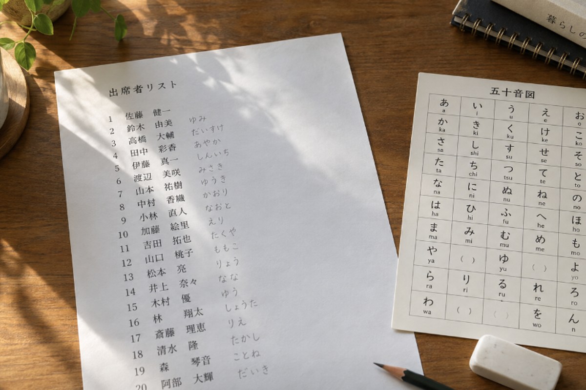 木目のデスクの上に、名前の一覧が印刷された紙、ふりがなを鉛筆で書き足した跡、五十音表のカード、消しゴムが置かれている様子。
