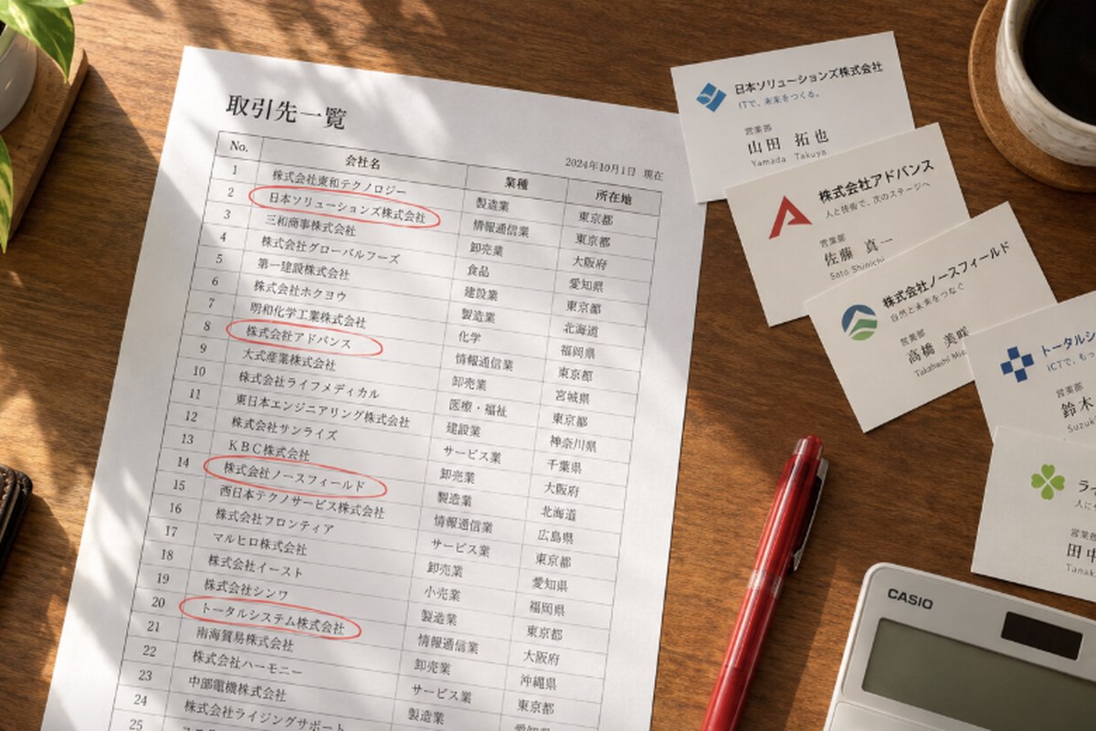 木目のデスクの上に、会社名が印刷された取引先リストの紙、赤ペンで会社名の一部を丸で囲んだ跡、名刺が数枚扇形に広げられている様子。