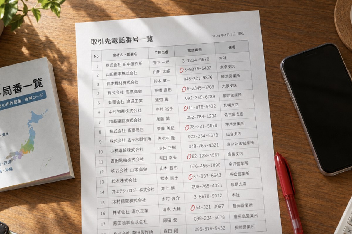 木目のデスクの上に、電話番号の一覧が印刷された紙、赤ペンで先頭に0を書き足した跡、電話帳のページ、スマートフォンが置かれている様子。
