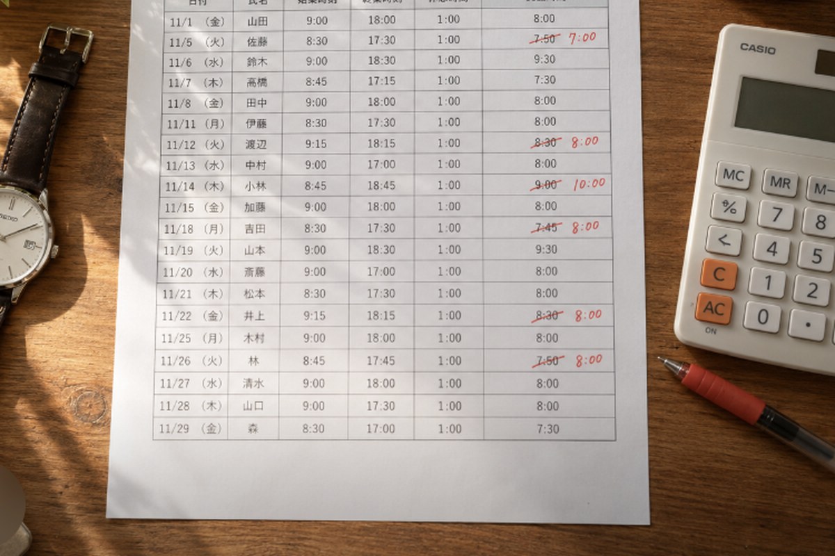 木目のデスクの上に、勤務時間の一覧が印刷された紙、赤ペンで合計時間を書き直した跡、腕時計、電卓が置かれている様子。