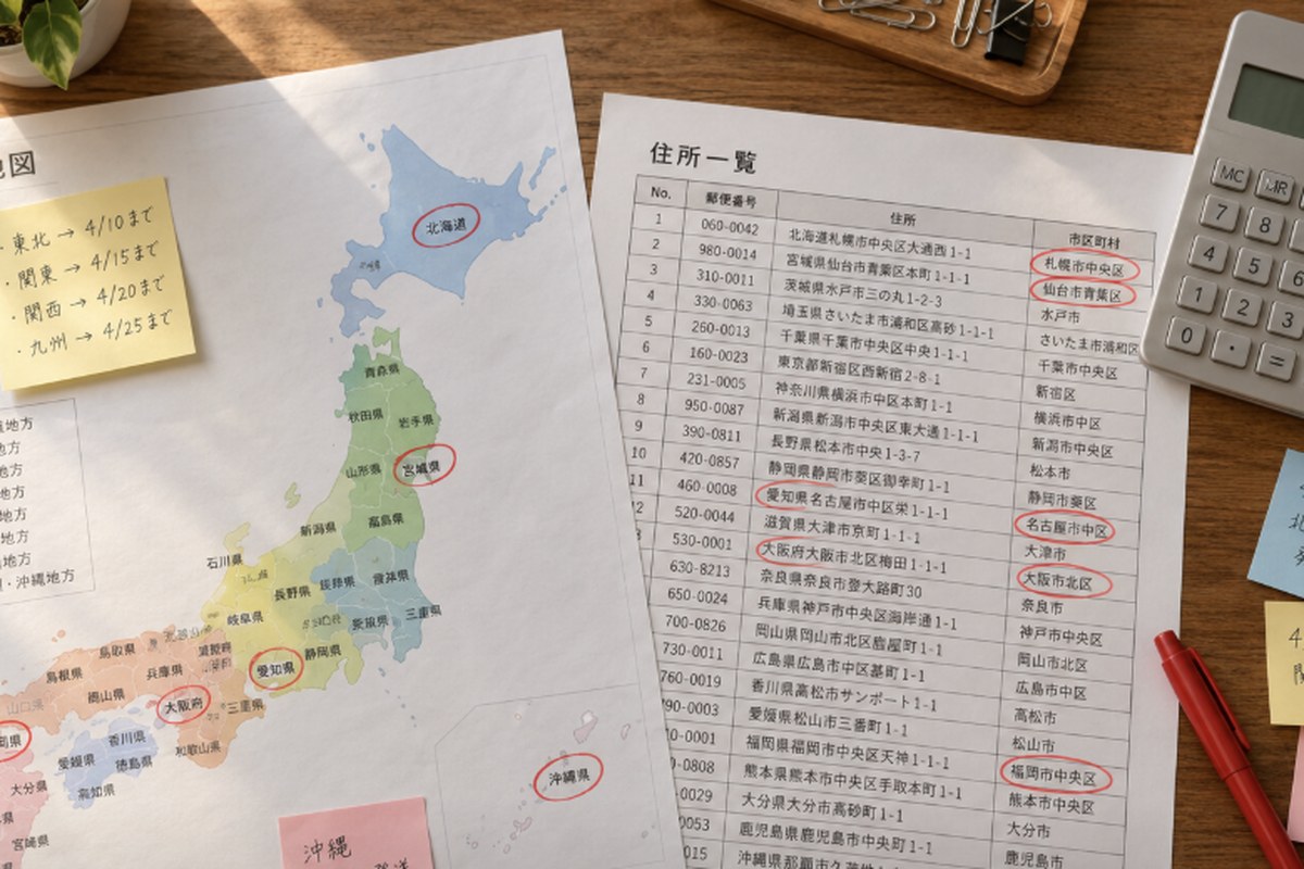 木目のデスクの上に、日本地図が印刷された紙と、住所の一覧が印刷された紙が並べて置かれている。赤ペンで市区町村名に印が付けられ、付箋にメモが書かれている様子。