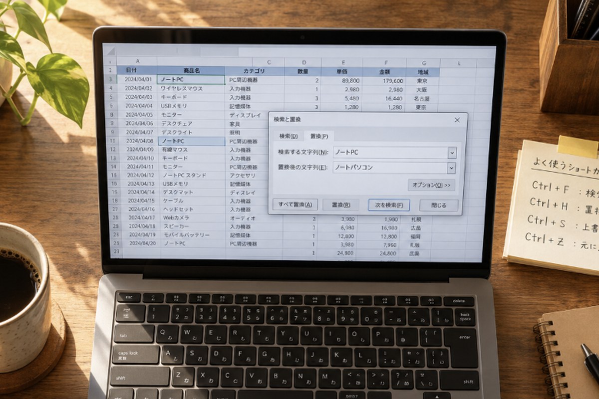 木目のデスクの上にノートパソコンが開かれ、画面にはExcelの置換ダイアログが表示されている。付箋にキーボードショートカットのメモが書かれ、コーヒーカップが置かれている様子。