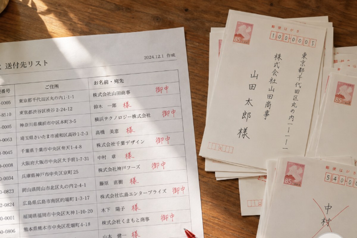 木目のデスクの上に、宛名が印刷された紙のリスト、赤ペンで様や御中の文字を書き足した跡、はがき、ボールペンが置かれている様子。