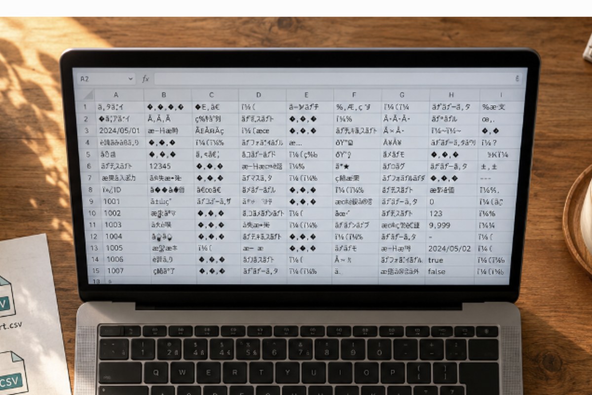 木目のデスクの上でノートパソコンの画面に文字化けした表が表示されている。周りにダウンロードされたCSVファイルのアイコンが並ぶメモ、マグカップ、メモ帳が置かれている。