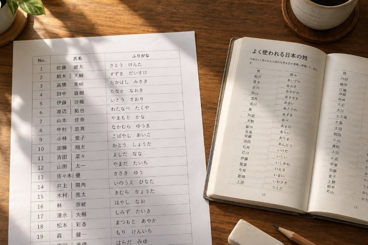 木目のデスクの上に、氏名の一覧が印刷された紙、名前の途中に鉛筆で縦線を書き入れた跡、姓の一覧が載った小冊子、ボールペンが置かれている様子。