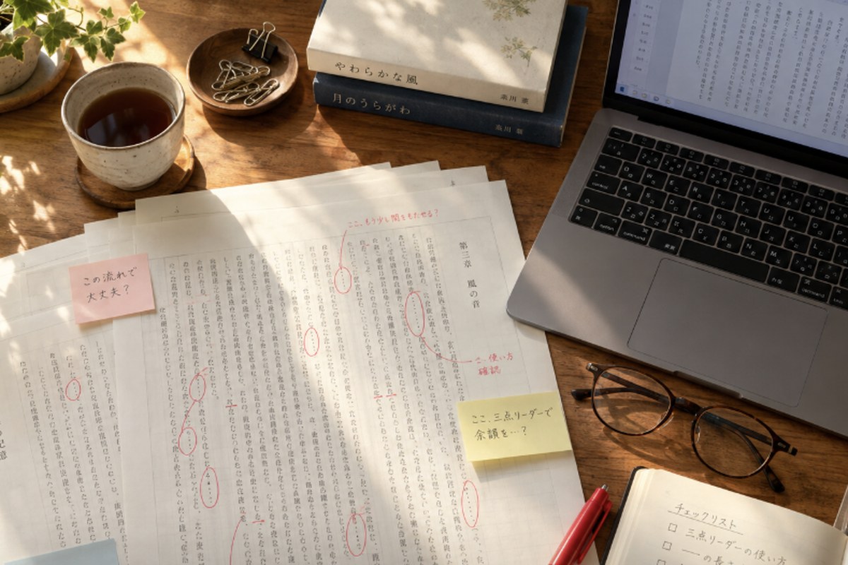 木目のデスクの上に、印刷された小説原稿、ルビの記法を書き足した付箋、赤ペン、ノートパソコンが置かれている様子。